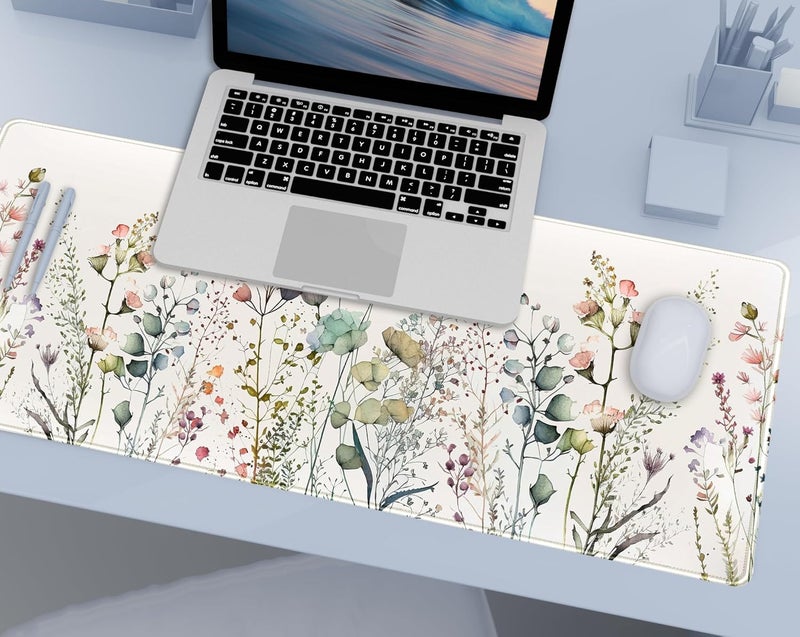 DCJJM Cute Wild Flower Desk Mat, Boho Aesthetic XL Large Extended Gaming Mouse Pad Desk Pad with Stitched Edges 31.5x11.8 in, Computer Laptop Mousepad Keyboard and Mouse Mat for Women Office Desk Decor - Image 3