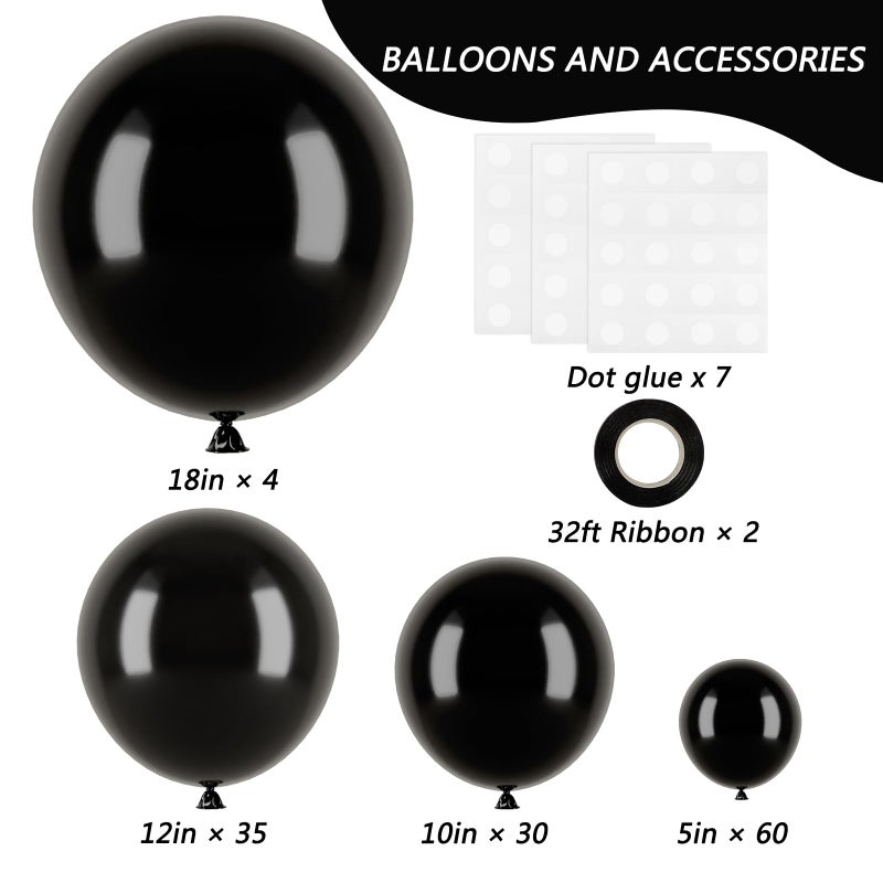 RUBFAC Black Balloons for Balloon Arch 129pcs Different Sizes Pack of 18 12 10 5 Inch Garland Kit, Latex Halloween Balloons for Party Decorations Birthday Wedding Decor - Image 2