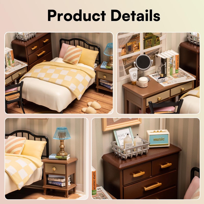 ROBOTIME DIY Miniature House Kit Mini Dollhouse Building Toy Set Plastic Tiny Room Making Kit with Accessories Model Room Craft Hobby Decent Gifts (Sweet Dream Bedroom) - Image 4