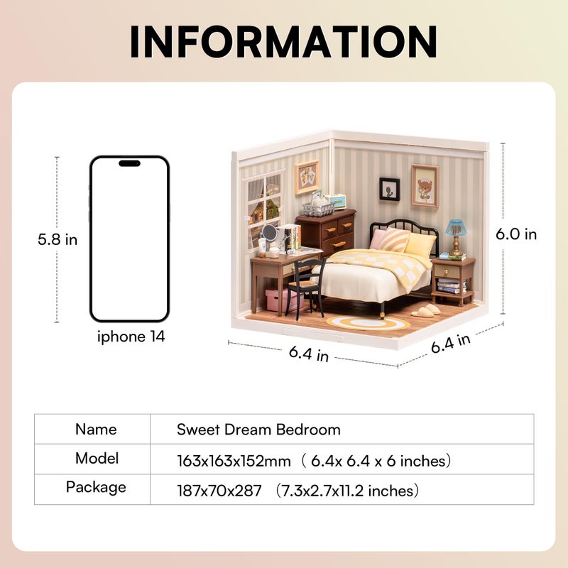 ROBOTIME DIY Miniature House Kit Mini Dollhouse Building Toy Set Plastic Tiny Room Making Kit with Accessories Model Room Craft Hobby Decent Gifts (Sweet Dream Bedroom) - Image 5