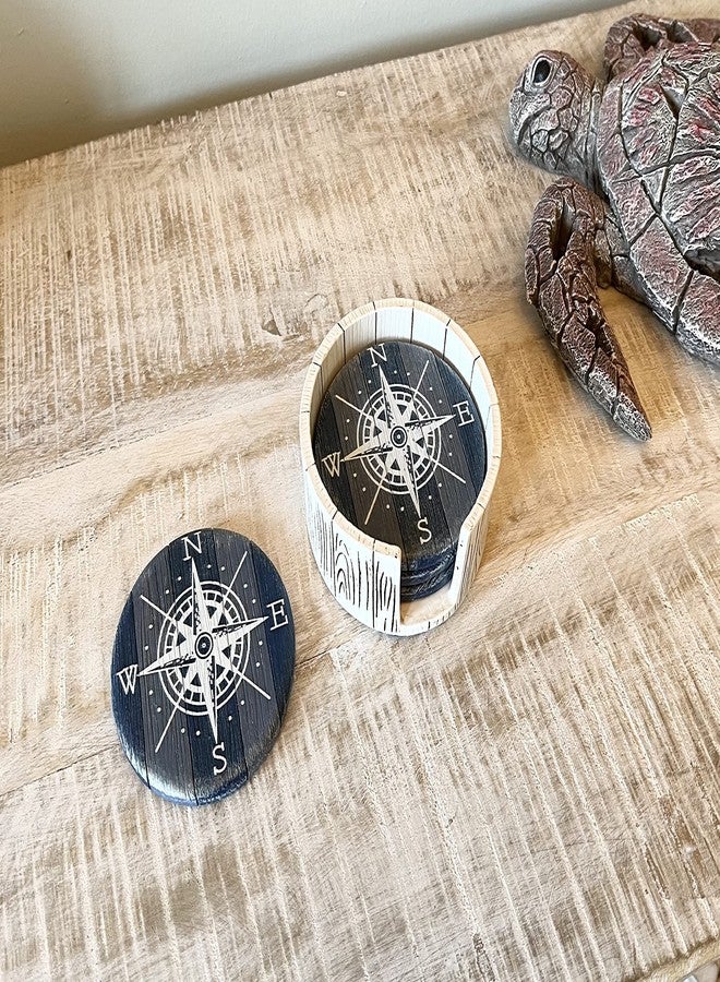 Top Brass Compass Rose Coaster Set - Nautical Ocean Beach Boat Coastal Decor - Rustic Weathered Blue/White Finish - Image 4