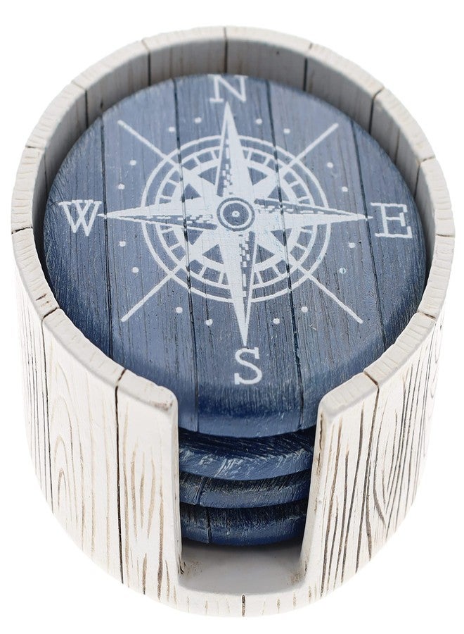 Top Brass Compass Rose Coaster Set - Nautical Ocean Beach Boat Coastal Decor - Rustic Weathered Blue/White Finish - Image 1
