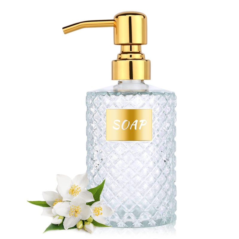 MOCLIF 12OZ Diamond Glass Dispenser with Gold 304 Stainless Steel Bathroom Dispenser for KitchenHand SoapDish SoapShowerLotion and Other LiquidsClear