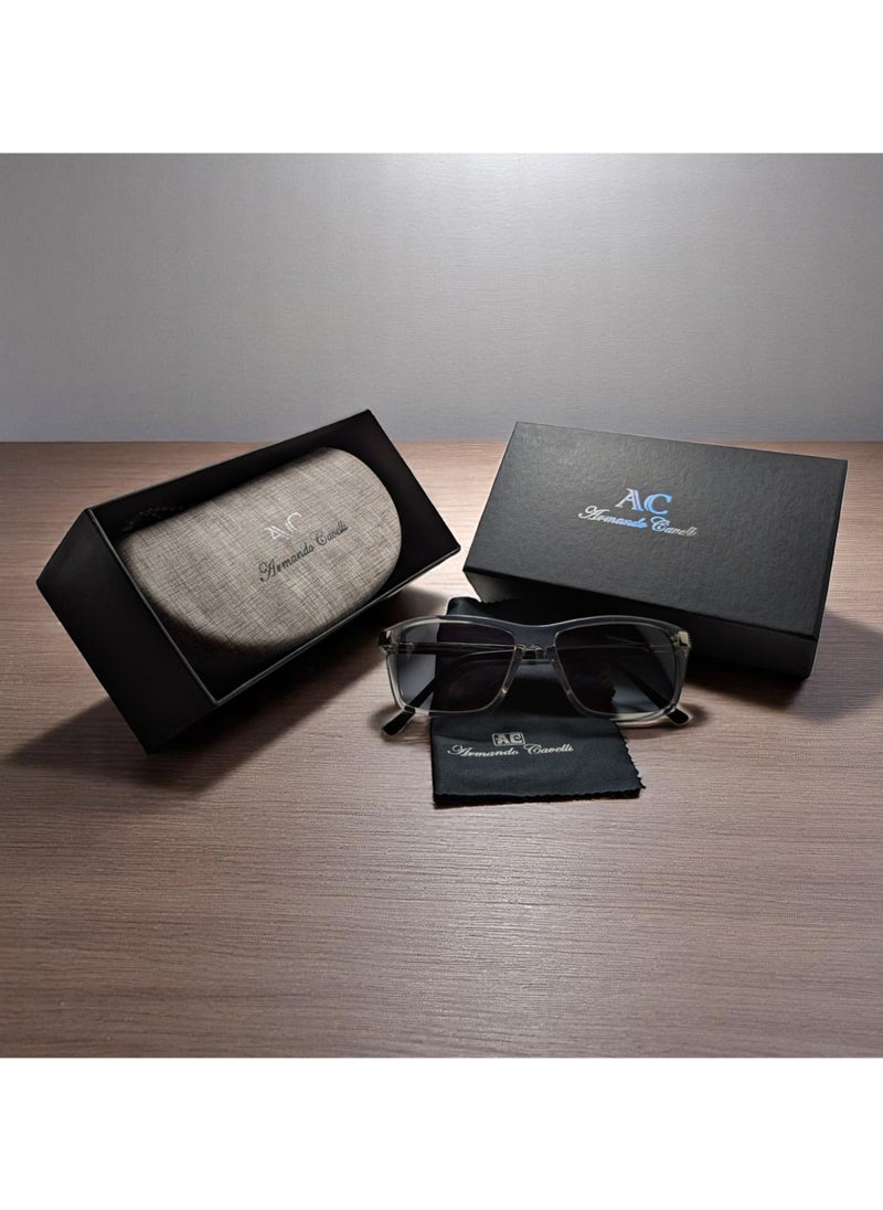 Armando Cavelli - Authentic Armando Cavelli sunglasses, crafted from carefully selected premium acetate for a luxurious look and longevity with extensive use. This model combines modernity and classic style, with a raw transparent light grey acetate front and silver -plated metal temples to complete your luxury look. Comes with premium polymer lenses offer UV400 protection in a grey. - Image 1