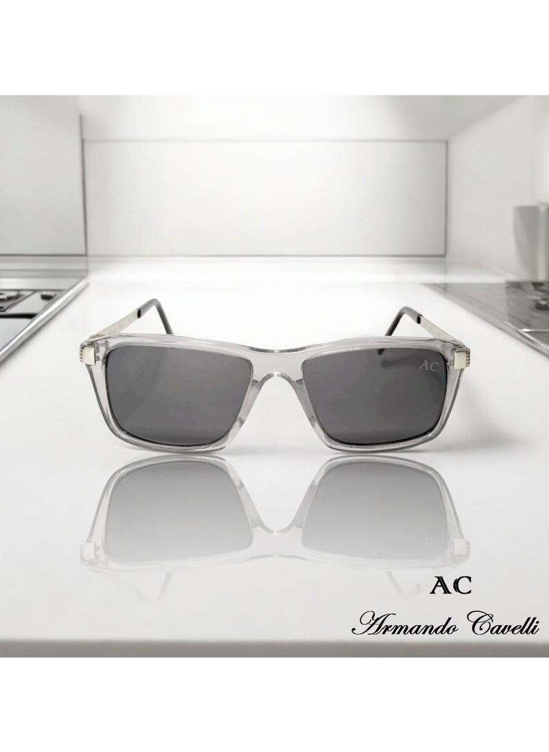 Armando Cavelli - Authentic Armando Cavelli sunglasses, crafted from carefully selected premium acetate for a luxurious look and longevity with extensive use. This model combines modernity and classic style, with a raw transparent light grey acetate front and silver -plated metal temples to complete your luxury look. Comes with premium polymer lenses offer UV400 protection in a grey. - Image 1