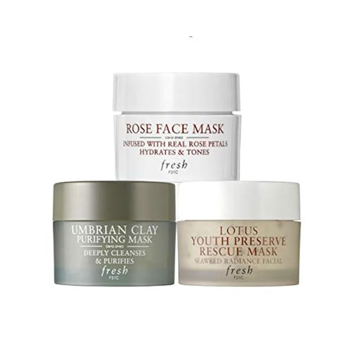 Fresh Face Mask Trial Size Trio: Rose Face Mask, Lotus Youth Preserve Rescue Mask & Umbrian Clay Purifying Mask - .5 oz. Each