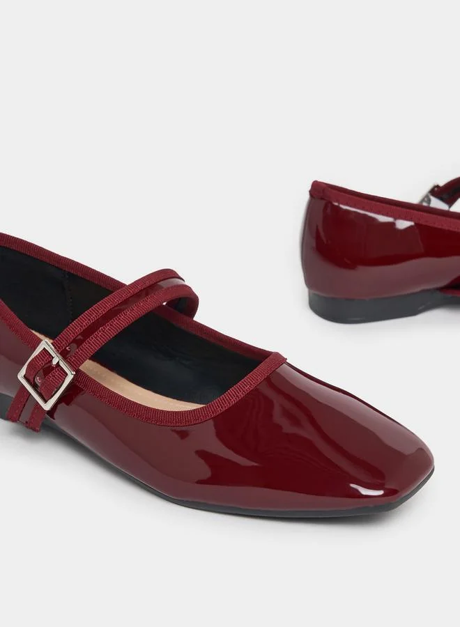 Styli Patent Ballerina Shoes with Buckle Strap