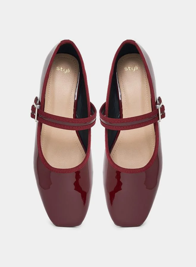Styli Patent Ballerina Shoes with Buckle Strap