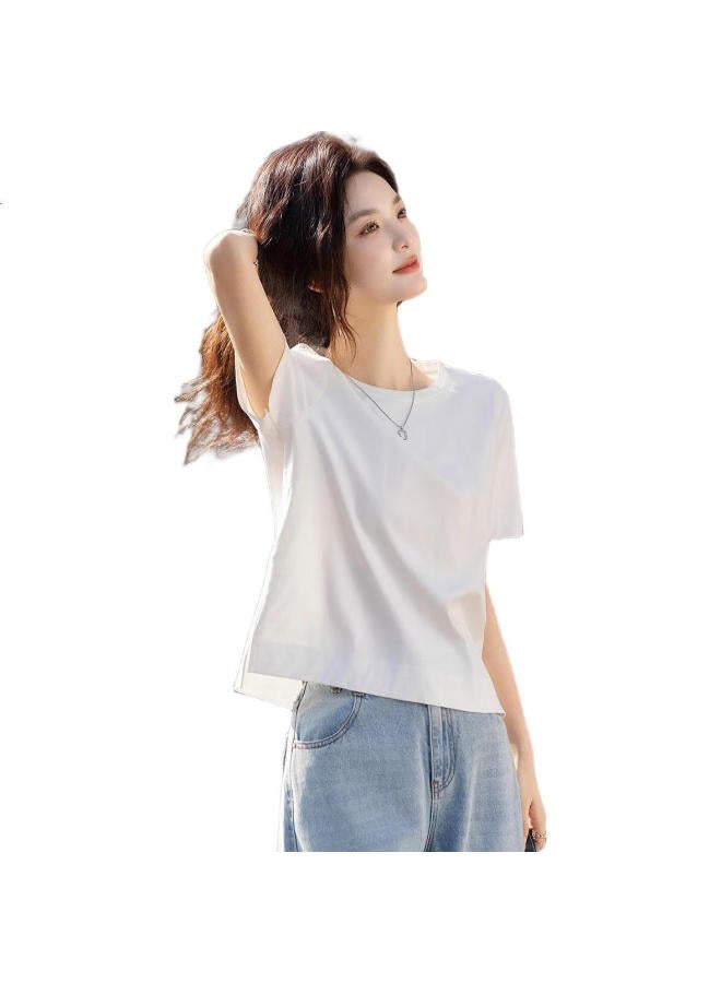 dme Summer Design Wide Hem Split Bottoming Shirt Short Sleeve Loose Women'S T-Shirt With Breathable Mulberry Silk - Image 1