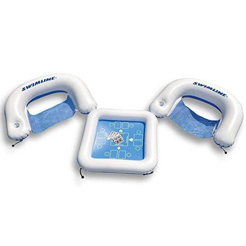 SWIMLINE ORIGINAL Inflatable Game Table Station With Waterproof Playing Cards & Two Inflatable Sling Chairs W/ CupHolders | Double Sided Game Set | Poker & Card Games | Chess & Checkers - Image 1
