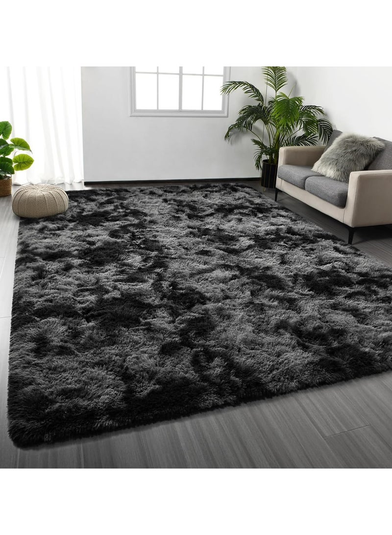 CityRiya-Long Ultra Soft Rug, Fluffy Carpets Tie-Dye Rugs for Living Room, Soft Touch Carpet 160x220cm, Fluffy Area Rug for Bedroom, Floor Mat, Modern Carpets Fuzzy Rug for Home, Black Carpet - Image 1