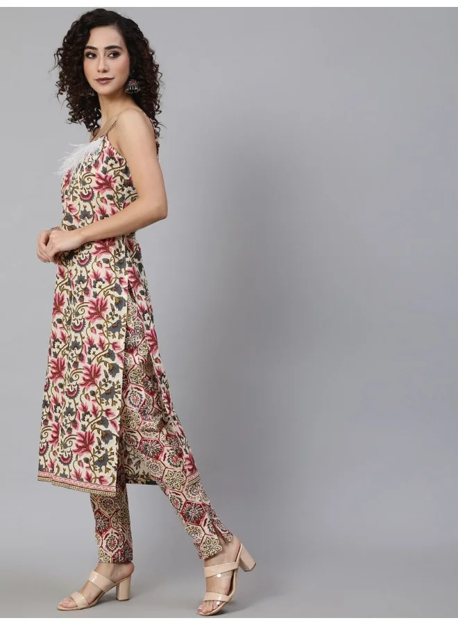 AKS  AKS Floral Printed Shoulder Straps Pure Cotton Kurta With Trousers for Women | Best Price UAE