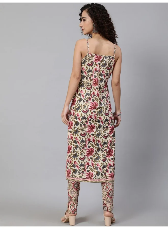 AKS  AKS Floral Printed Shoulder Straps Pure Cotton Kurta With Trousers for Women | Best Price UAE