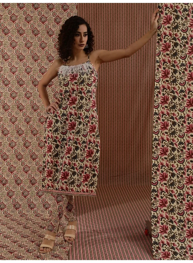 AKS AKS Floral Printed Shoulder Straps Pure Cotton Kurta With Trousers