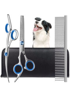 Dog Grooming Scissors Kit with Safety Round Tips, Heavy Duty Rubber Stainless Steel, Professional Dogs Cats Pets Grooming Shears Set, Thinning Shears, Curved Scissors, Comb
