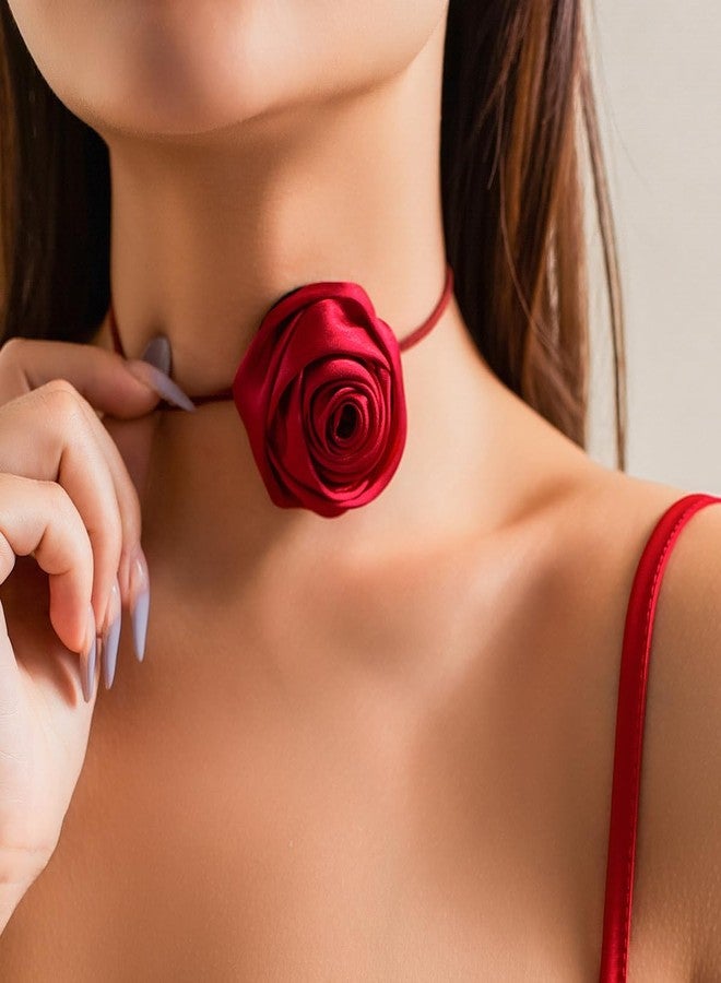 Rumtock Silk Red Rose Flower Thin Long Chain Choker Velvet Necklace for Women Wedding Prom Dainty Dressy Jewelry Banquet Necklace (Red) - Image 2