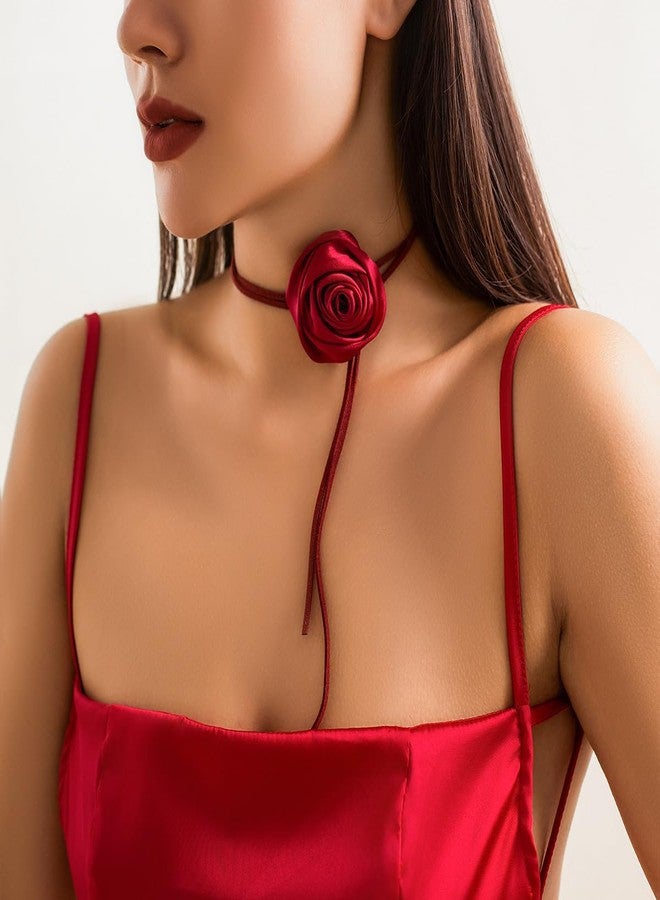 Rumtock Silk Red Rose Flower Thin Long Chain Choker Velvet Necklace for Women Wedding Prom Dainty Dressy Jewelry Banquet Necklace (Red) - Image 3