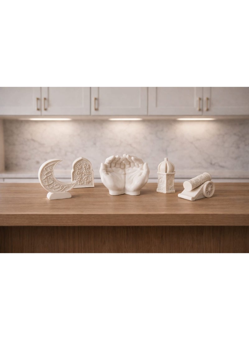 Islamic Decorative Ornament Set Made Of Resin – 5 Pieces – Home & Ramadan Decoration – Prayer Hand, Decorated Crescent, Mosque Dome, Qibla Direction Dome, Ramadan Cannon - Image 1