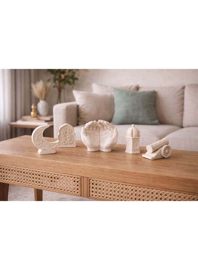 Islamic Decorative Ornament Set Made Of Resin – 5 Pieces – Home & Ramadan Decoration – Prayer Hand, Decorated Crescent, Mosque Dome, Qibla Direction Dome, Ramadan Cannon - Image 2