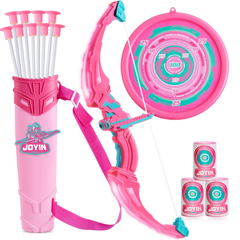JOYIN Pink Bow and Arrow Set for Girls, LED Light Up Archery Toy Set with 9 Suction Cup Arrows, Target & Arrow Case, Christmas Indoor Outdoor Activity Toy for Kids Girls Ages 3-12 - Image 1