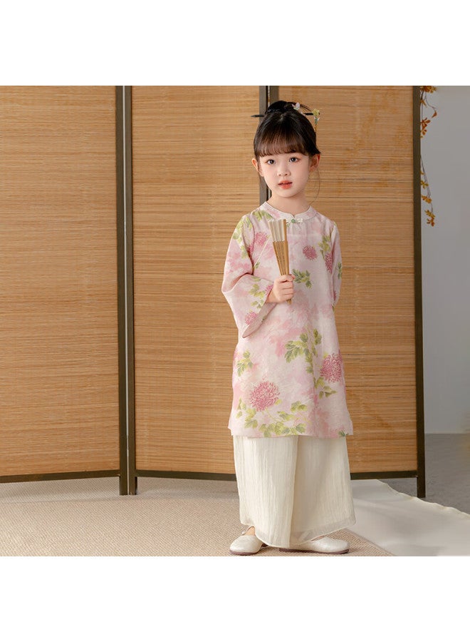 Cute Menghu Girls' New Chinese-style Outfit, Oriental Minimalist Luxury Style Parent-child Set, Pink Floral Pattern, Size 100 - Image 1