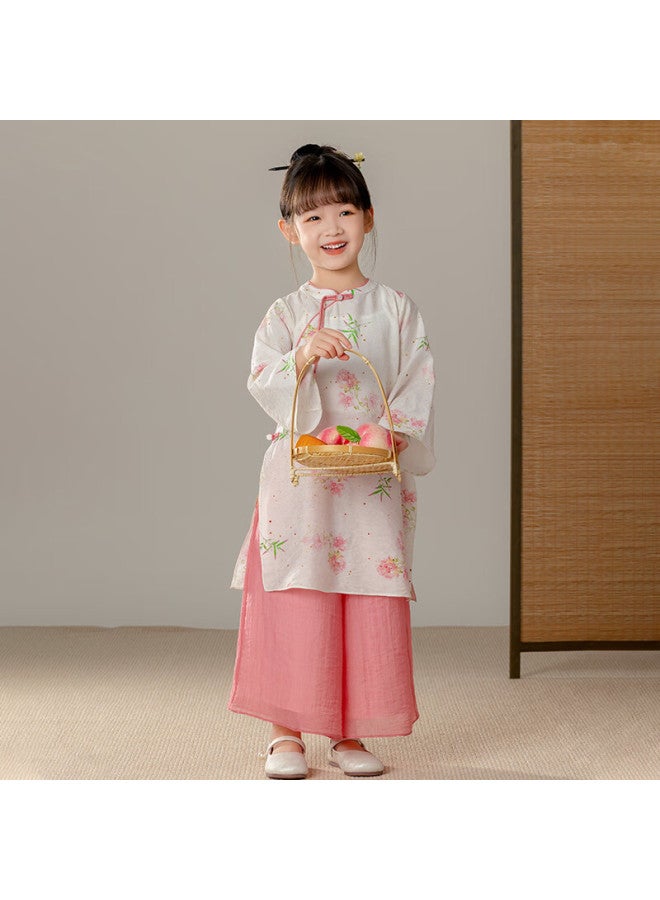 Cute Menghu Girls' New Chinese-style Outfit, Oriental Minimalist Luxury Style Parent-child Set, Pink Floral Pattern, Size 100 - Image 2