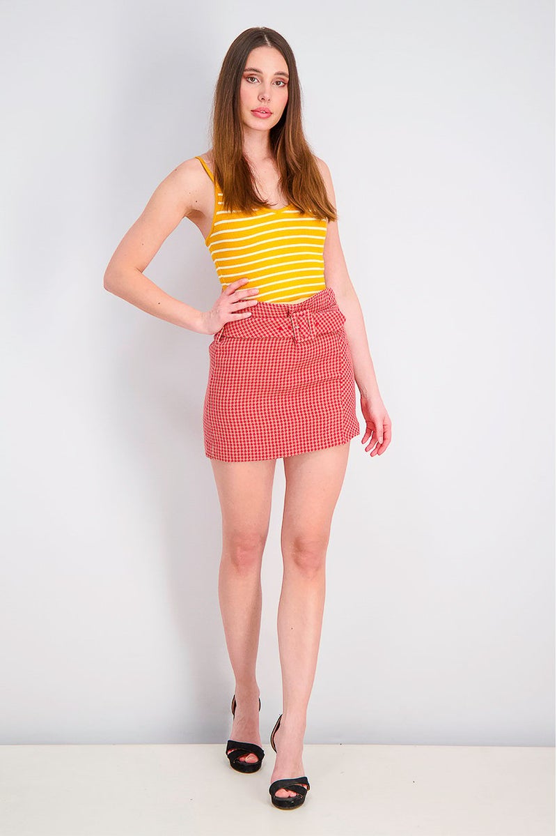 MANGO Women Belted Herringbone Mini Skirt, Red and Tan - Image 2