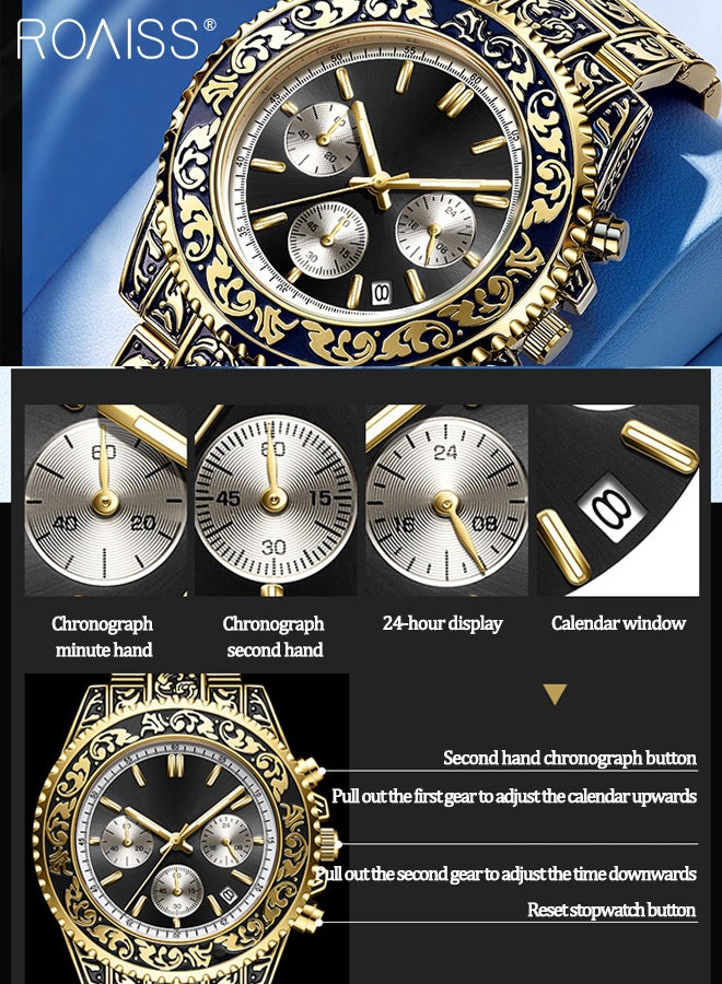 رويس ساعة كوارتز منحوتة بتصميم كلاسيكي للرجال، شاشة عرض تناظرية، قرص دائري، مع عرض التاريخ، كرونوغراف مضيء مقاوم للماء كهدية للرجال - Image 4