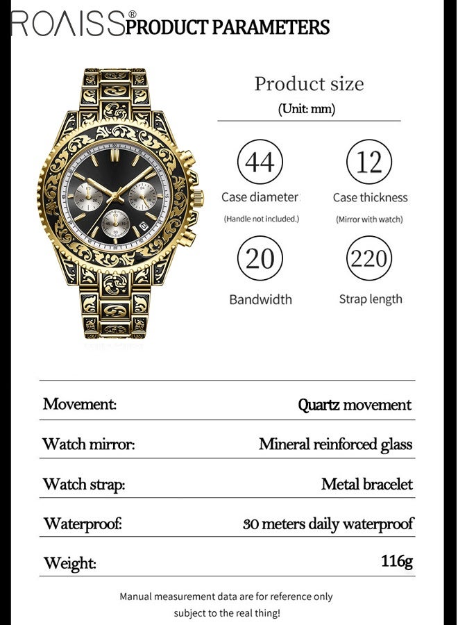 رويس ساعة كوارتز منحوتة بتصميم كلاسيكي للرجال، شاشة عرض تناظرية، قرص دائري، مع عرض التاريخ، كرونوغراف مضيء مقاوم للماء كهدية للرجال - Image 3
