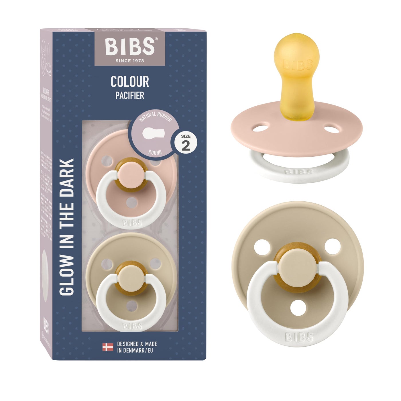 OMU BIBS Colour Glow Soother 2-Pack, Glow in The Dark BPA Free Dummy Pacifier, Round Nipple. Natural Rubber Latex, Size 2 (6-18 Months), Blush Night/Vanilla Night