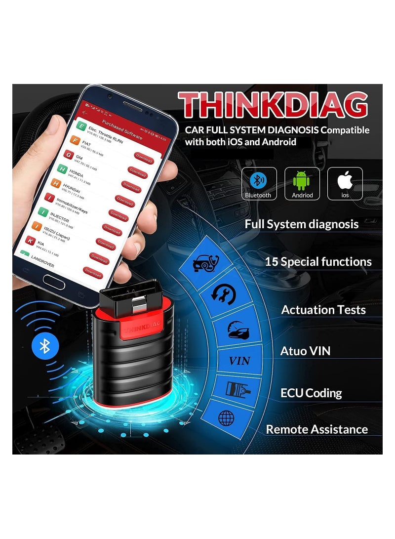 ماسح ضوئي OBD2 متقدم مزود بتقنية البلوتوث، تشخيص مستوى المعدات الأصلية (OE)، برمجة وحدة التحكم في الوحدة الإلكترونية (ECU)، أكثر من 15 وظيفة وتحديثات مجانية لمدة عام، متوافق مع أجهزة iPhone و Android.