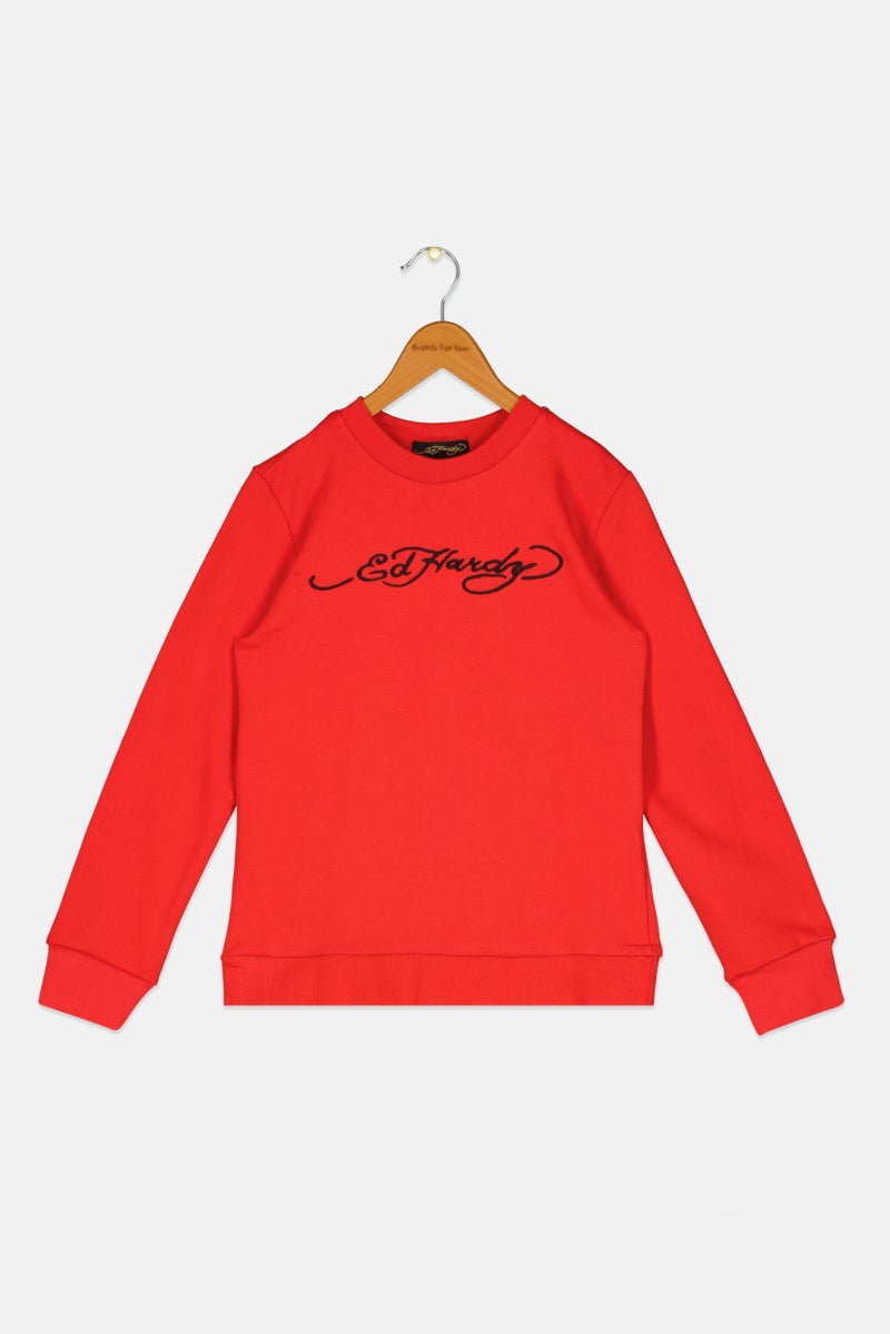 Ed Hardy Kids Boy Embroidered Long Sleeve Sweatshirt, Red - Image 1