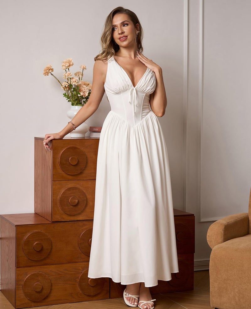 GLNEGE Women's Summer Corset Midi Milkmaid Dress Casual V Neck Flowy A Line Sundress Wedding Guest Dresses with Pockets 2026 White - Image 5
