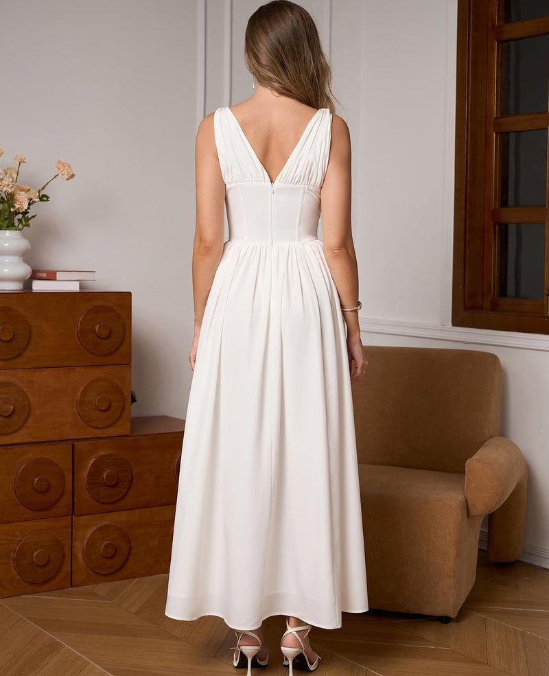 GLNEGE Women's Summer Corset Midi Milkmaid Dress Casual V Neck Flowy A Line Sundress Wedding Guest Dresses with Pockets 2026 White - Image 3