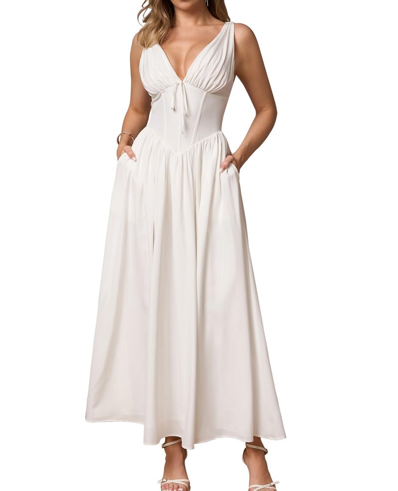 GLNEGE Women's Summer Corset Midi Milkmaid Dress Casual V Neck Flowy A Line Sundress Wedding Guest Dresses with Pockets 2026 White - Image 1
