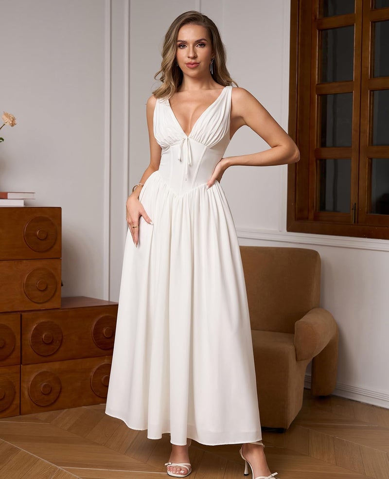 GLNEGE Women's Summer Corset Midi Milkmaid Dress Casual V Neck Flowy A Line Sundress Wedding Guest Dresses with Pockets 2026 White - Image 2