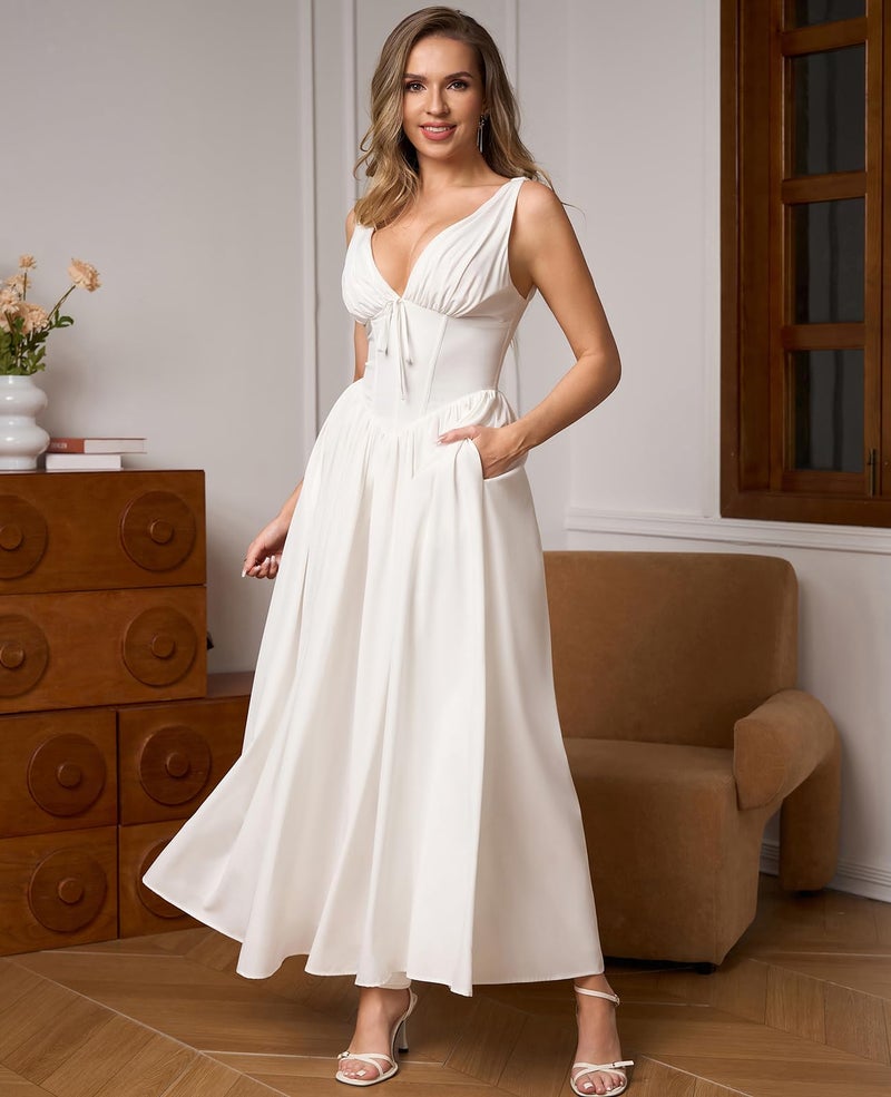 GLNEGE Women's Summer Corset Midi Milkmaid Dress Casual V Neck Flowy A Line Sundress Wedding Guest Dresses with Pockets 2026 White - Image 4