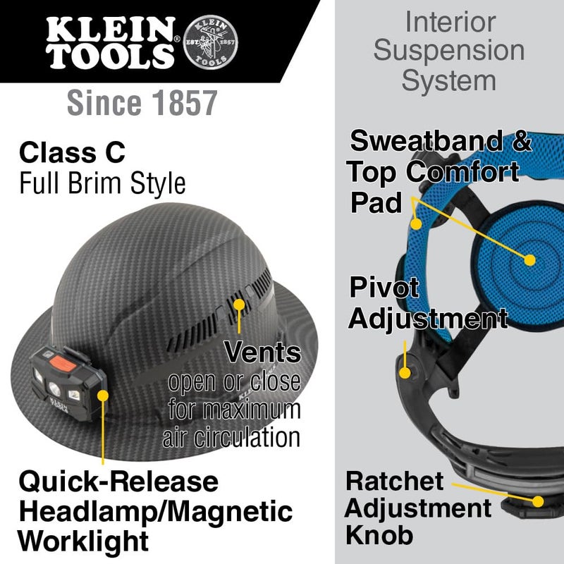 Klein Tools Klein Tools 60347 Hard Hat, Vented Full Brim, Class C, Premium KARBN Pattern, Rechargeable Lamp, Padded Sweat-Wicking Sweatband, Top Pad  - Image 2