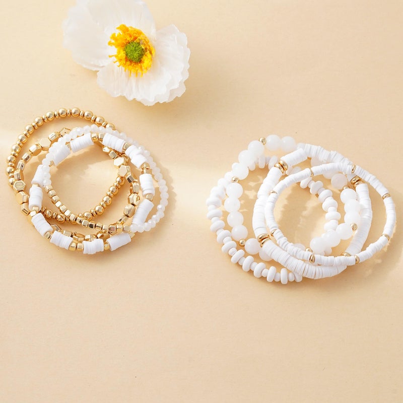 GOOJIDS White Surfer Heishi Clay Bead Bracelets for Women Bohemian Stackable Gold Plated Beaded Stretch Bracelets Elastic Layering Friendship White Bracelets Set Boho Jewelry - Image 2