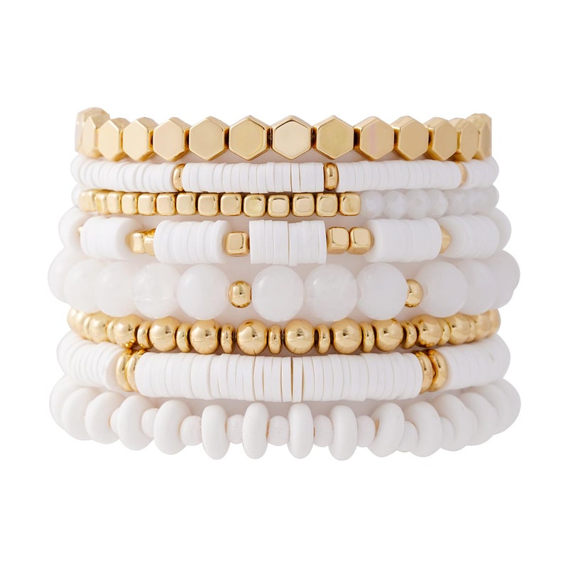 GOOJIDS White Surfer Heishi Clay Bead Bracelets for Women Bohemian Stackable Gold Plated Beaded Stretch Bracelets Elastic Layering Friendship White Bracelets Set Boho Jewelry - Image 1