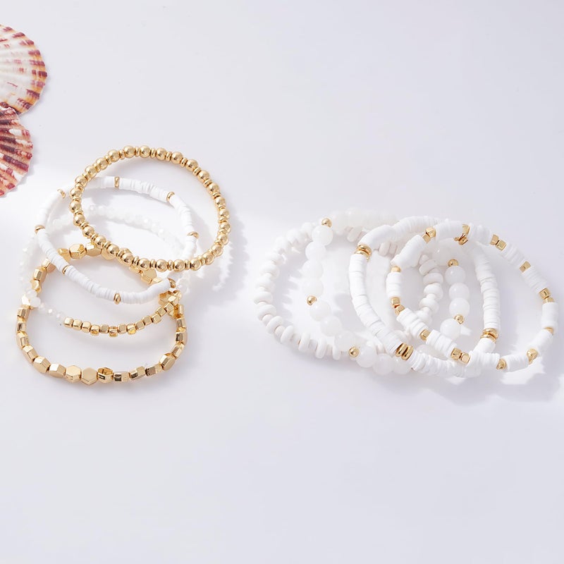 GOOJIDS White Surfer Heishi Clay Bead Bracelets for Women Bohemian Stackable Gold Plated Beaded Stretch Bracelets Elastic Layering Friendship White Bracelets Set Boho Jewelry - Image 3