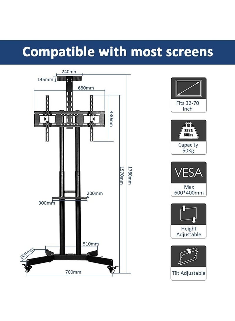 Mobile TV Stand Rolling TV Cart,Floor TV Stand Trolley for 32” to 70” LCD LED Flat Curved Screen Tilt Height Adjustable TV Stand Mounted with Wheels 2 Media Shelves Cable Management - Image 5