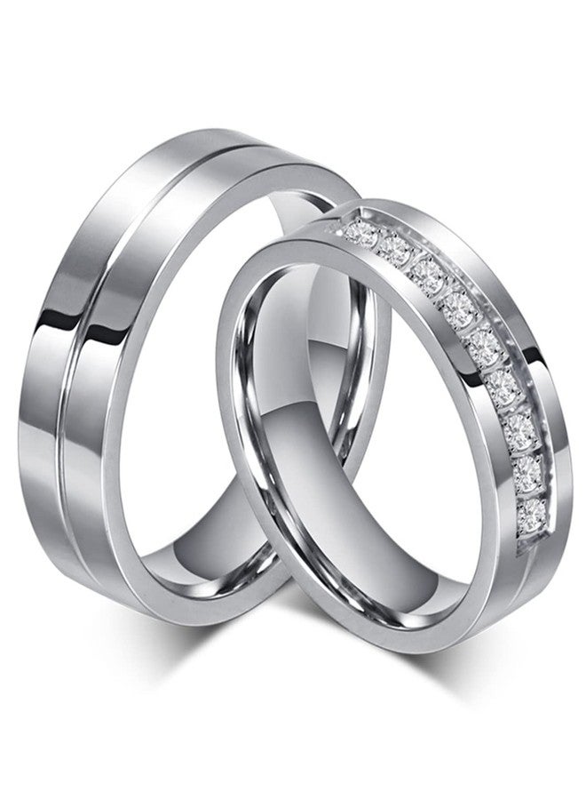 Peora Stainless Steel Silver Plated Crystal Promise Wedding Band Set Anniversary Engagement Couple Rings Gift for Lovers - Image 1