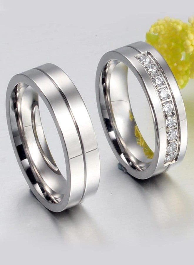 Peora Stainless Steel Silver Plated Crystal Promise Wedding Band Set Anniversary Engagement Couple Rings Gift for Lovers - Image 3