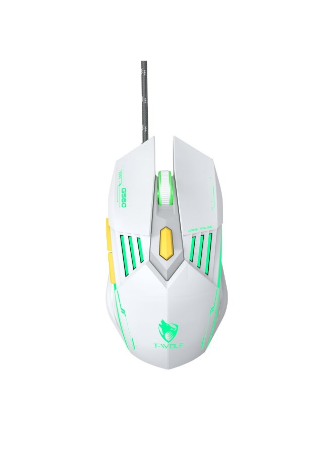 T-WOLF G560 6D wired gaming mouse 3600DPI high-precision gaming computer mouse ergonomic backlit white USB optical mouse - Image 1