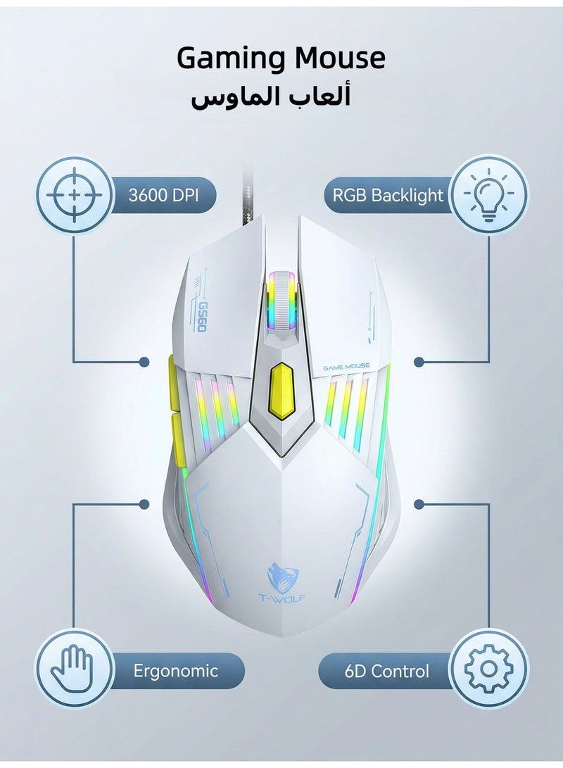 تي- وولف T-WOLF ألعاب الماوس سلكية ألعاب الماوس 6D زر 4 ألوان التنفس ضوء 4-سرعة DP تعديل 3600DPI عالية الدقة ألعاب الكمبيوتر الماوس إيرغونومية الخلفية USB الماوس - Image 1