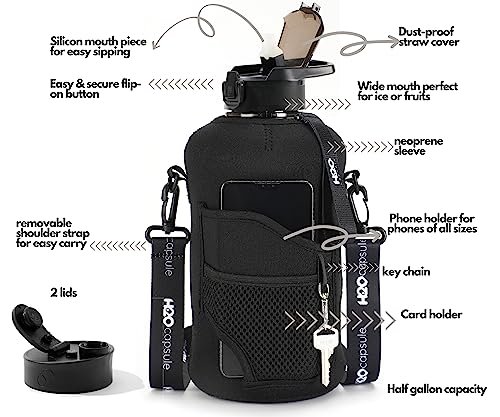 H2O Capsule 2.2L Half Gallon Water Bottle with Storage Sleeve and Removable Straw – BPA Free Large Reusable Drink Container with Handle - Big Sports Jug, 2.2 Liter (74 Ounce), Jet Black - Image 2