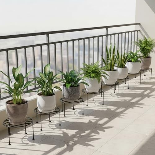 ORILEY Round Plant Stand Galvanised Metal Flower Pot Holder Gamla Support Corner Rack Outdoor Display Shelf for Home Garden Balcony Decoration - (Pack of 8, Black) - Image 1