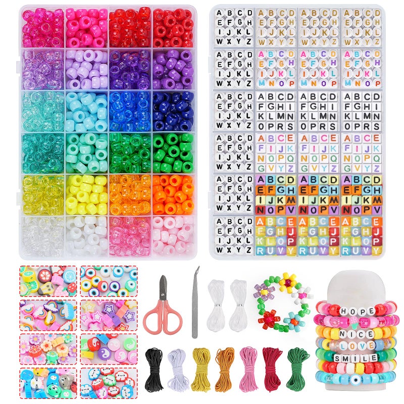 QUEFE 1920pcs 24 Colors Kandi Beads Polymer Clay Beads Bracelet Making Kit with Letter Beads Charms and Elastic Strings for Friendship Bracelets Jewelry Making