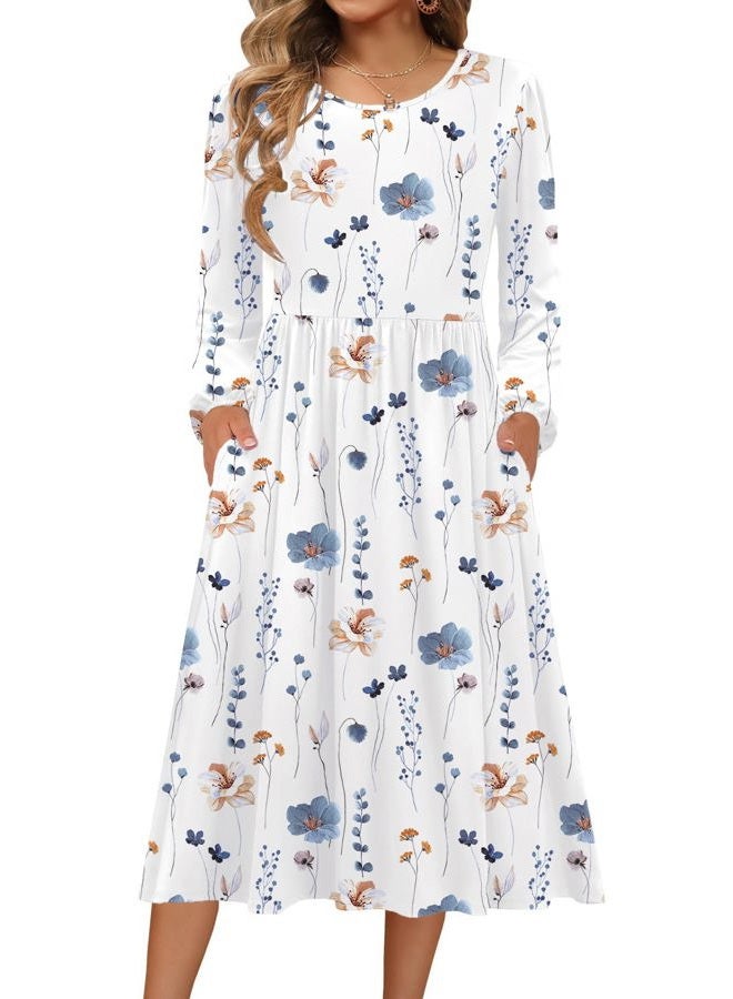 zeagoo Long Sleeve Dresses for Women 2026 Fall Winter Casual Flowy A-Line Boho Midi Party Long Dress with Pockets, White Floral, XXL - Image 1